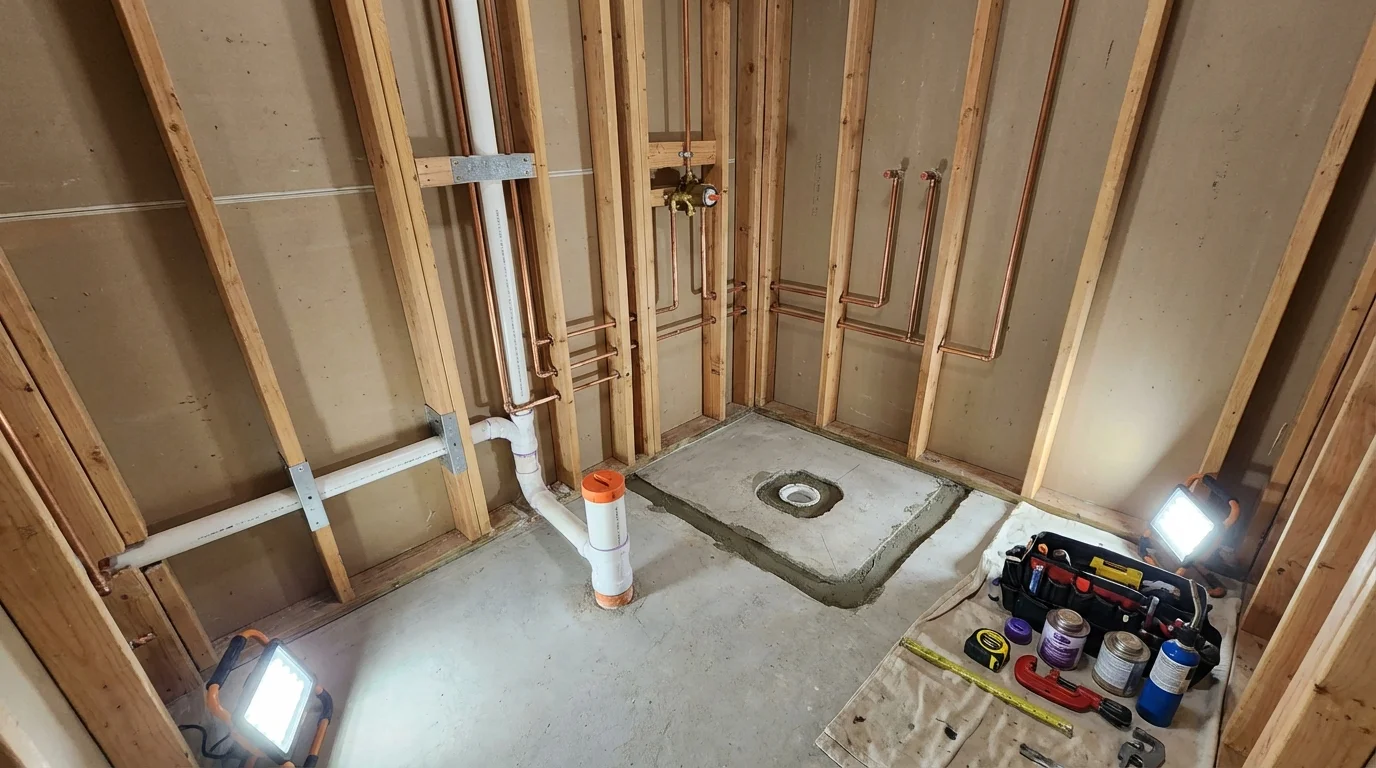 Bathroom rough-in plumbing during remodel by Johns Plumbing LLC in Avila Beach