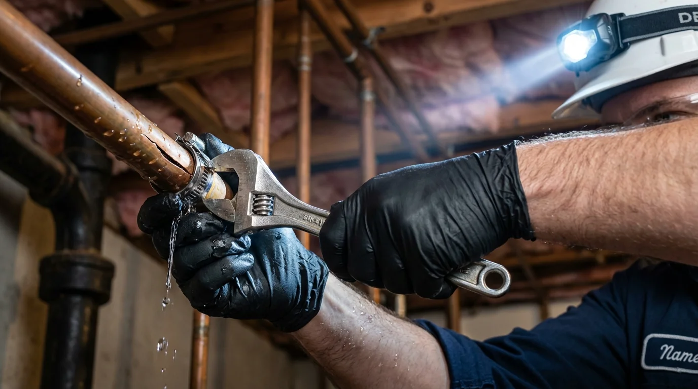 Emergency pipe clamp repair being performed by a Johns Plumbing LLC plumber in Avila Beach