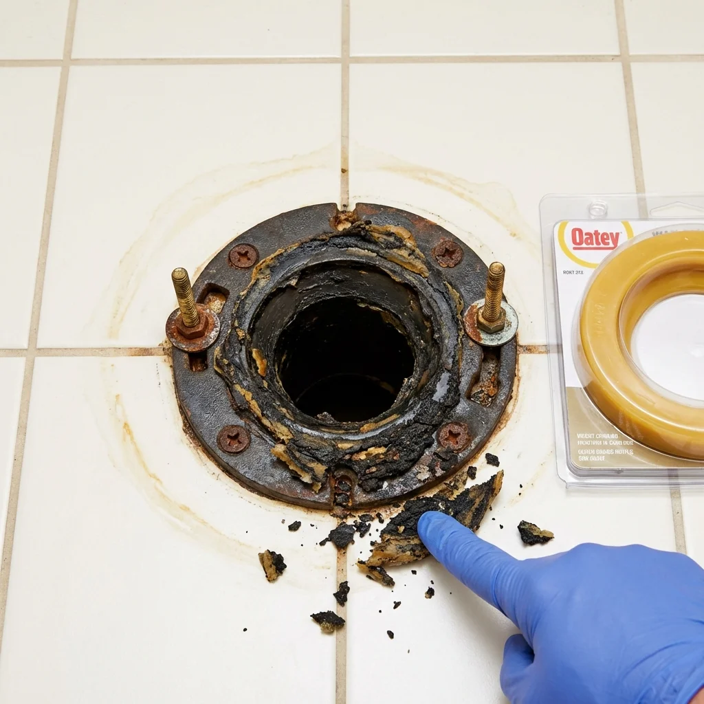 Failed wax ring showing water seepage at the base of a toilet in a Avila Beach, CA home